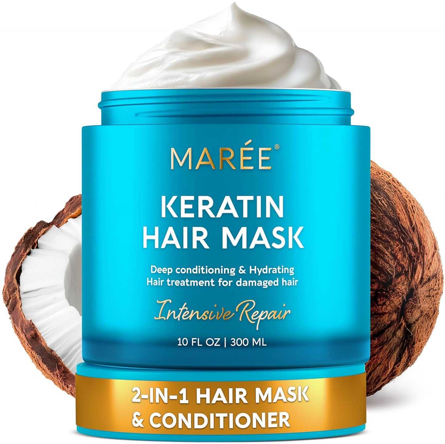 MAREE Deep Conditioning Hair Mask for Damaged Hair Treatment – Keratin Hair Care for Hydrating Growth Repair Moisturizing – Dry Curly Color Refreshing – 10 Fl Oz, White