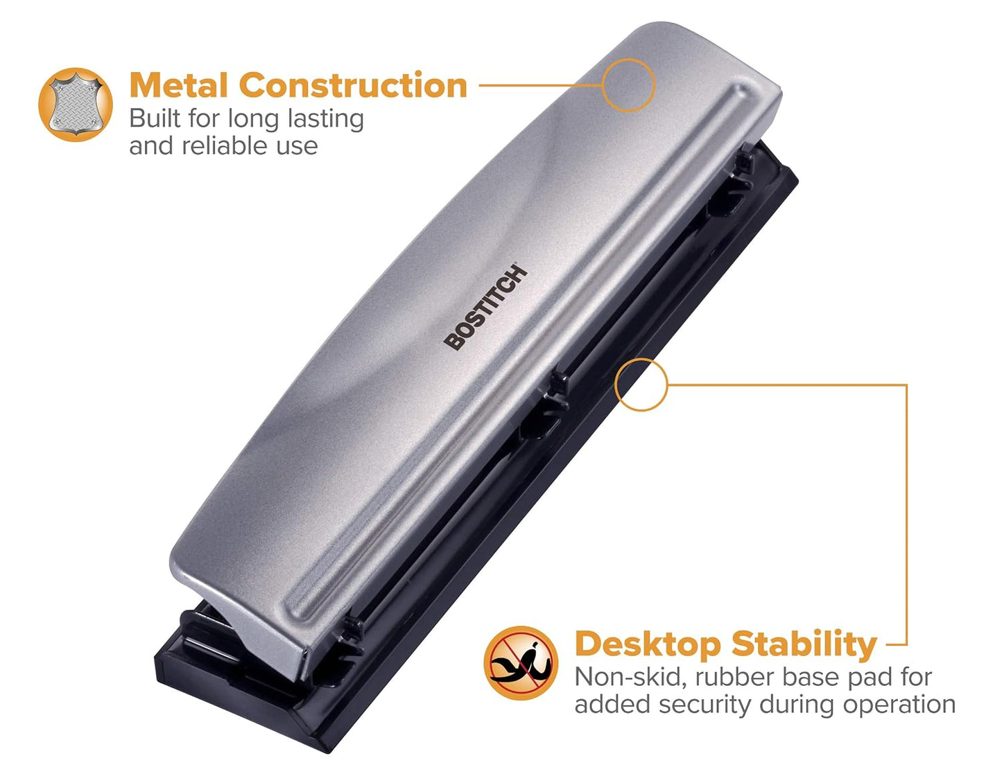 Bostitch Office Premium 3 Hole Punch, 12 Sheet Capacity, Metal, Rubber Base, Easy-Clean Tray, Silver