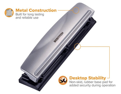 Bostitch Office Premium 3 Hole Punch, 12 Sheet Capacity, Metal, Rubber Base, Easy-Clean Tray, Silver