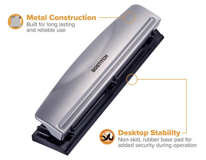 Bostitch Office Premium 3 Hole Punch, 12 Sheet Capacity, Metal, Rubber Base, Easy-Clean Tray, Silver