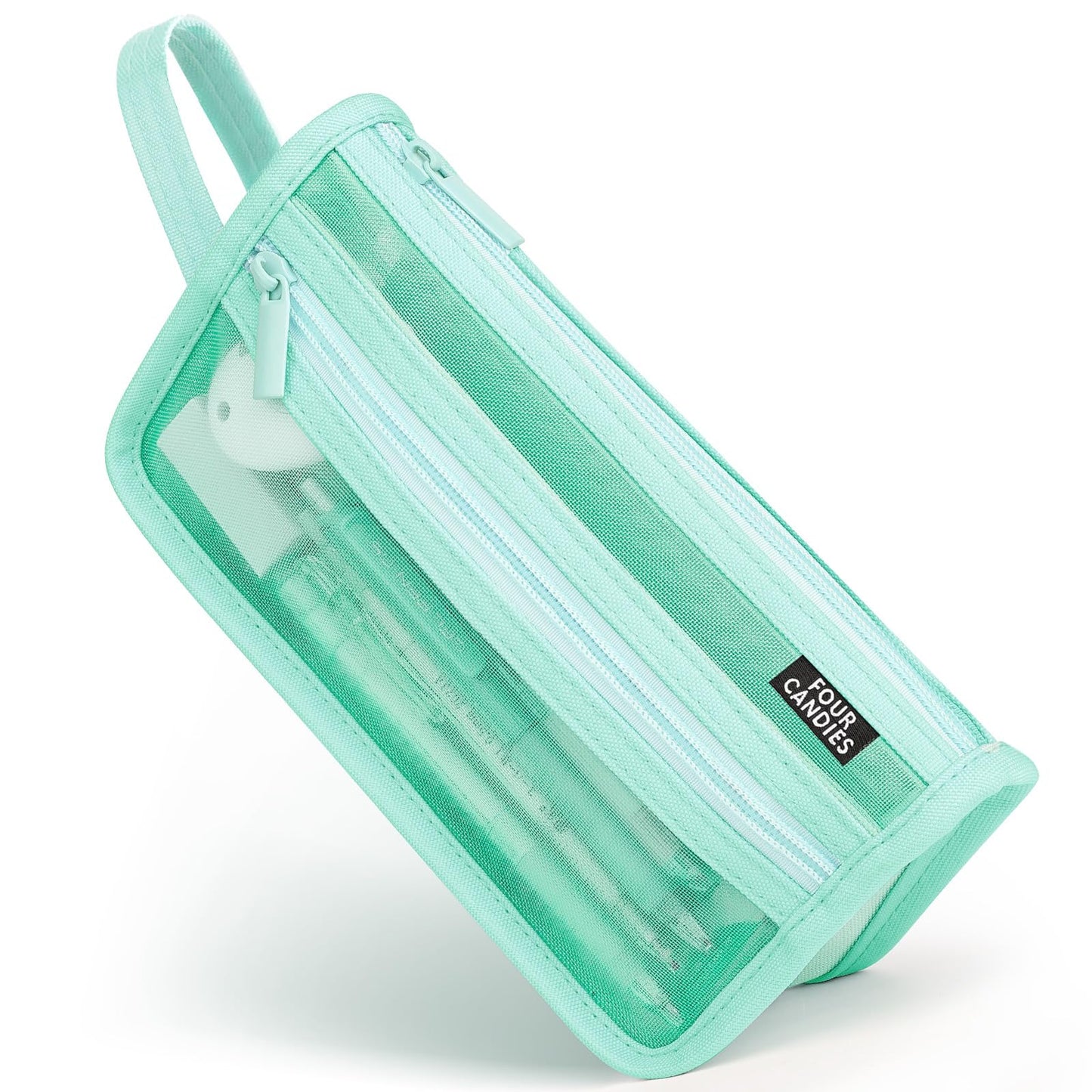 Four Candies Grid Mesh Pencil Case, Clear Double-layer with Handle (Purple)