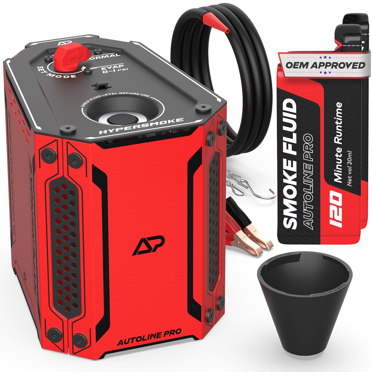 AutoLine Pro HyperSmoke™ Automotive Smoke Machine EVAP Vacuum Leak Tester – Adjustable Pressure – OEM Approved Smoke Fluid – Built-in Air Compressor Motor – Includes Cone and Gas Cap EVAP Adapter.