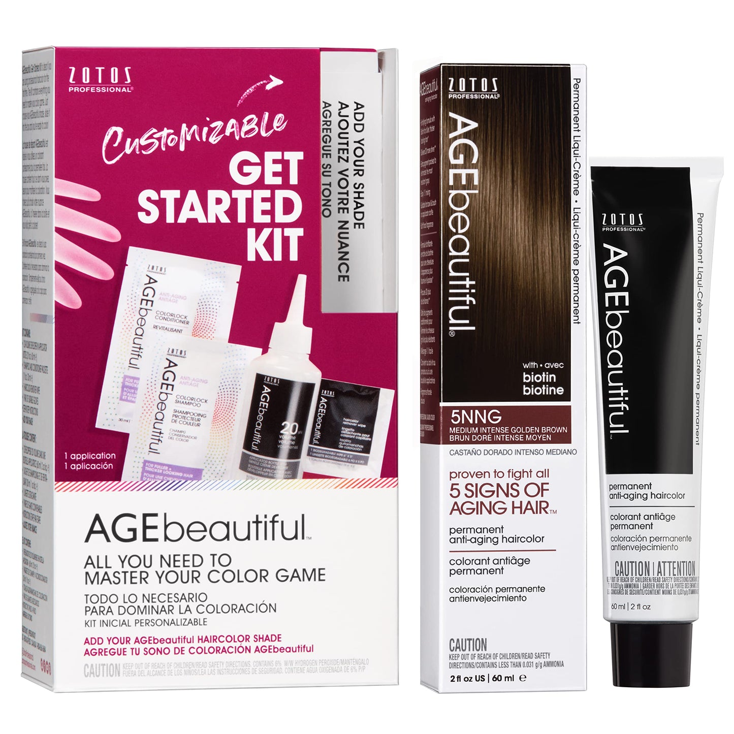 AGE beautiful Permanent Hair Color Cream, 100% Gray Coverage Hair Dye with Biotin Anti-Aging Formula for Fuller, Thicker Hair, Professional Salon Quality