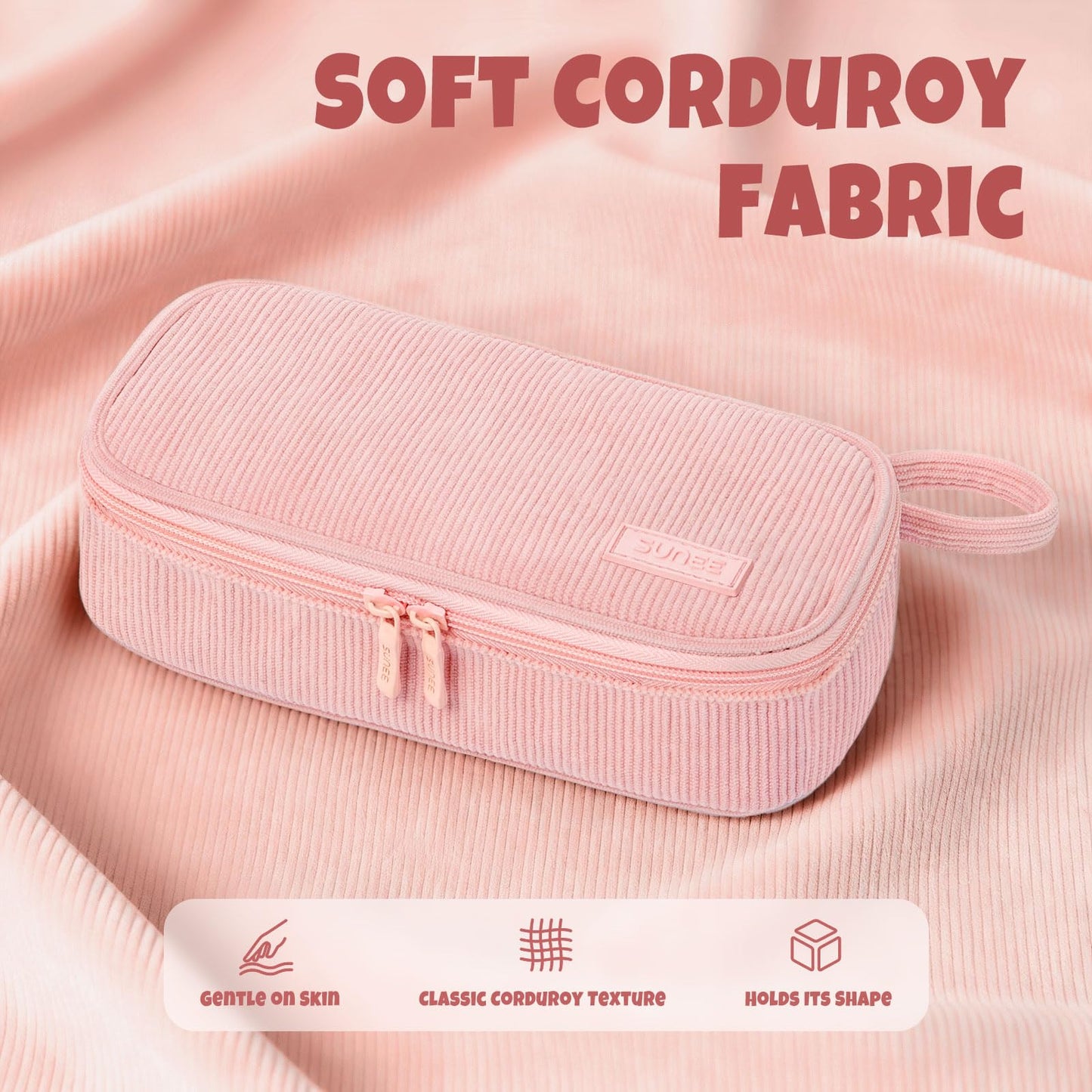 SUNEE Cute Pencil Case, Soft Corduroy Large Capacity Pencil Pouch, Aesthetic Zipper Pencil Bag, Big Storage Pen Organizer for Stationery, Pencil Box Back to School Supplies for Teen Girls Boys, Beige