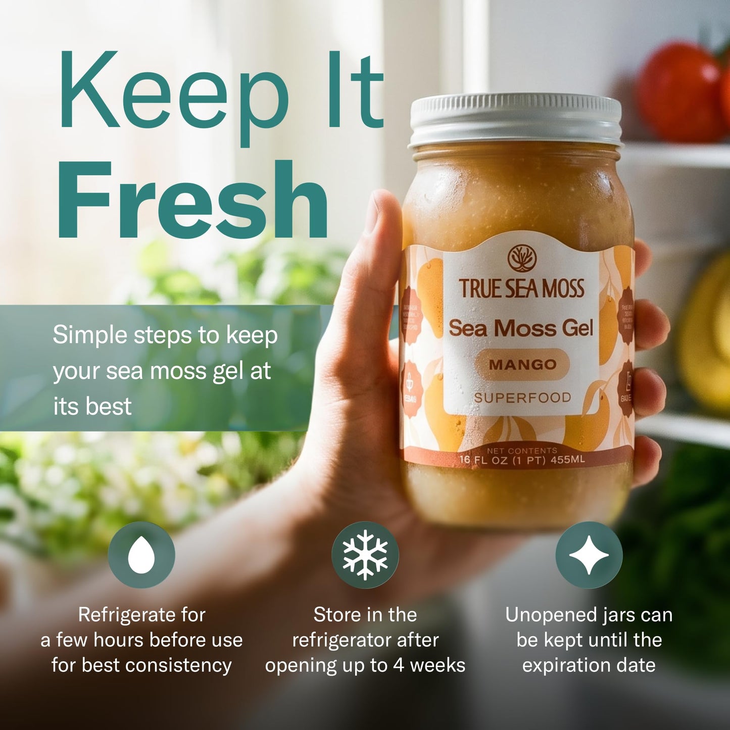 TrueSeaMoss Sea Moss Gel – Made in USA – Wildcrafted Seamoss, Fruits & Jarred Vegetables – Mango, Pack of 3 (Labels may Vary)