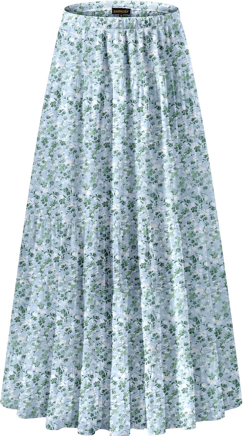 NASHALYLY Women's Chiffon Elastic High Waist Pleated A-Line Maxi Skirts