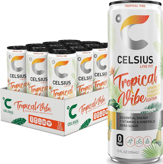CELSIUS Sparkling Tropical Vibe, Functional Essential Energy Drink 12 Fl Oz (Pack of 12)