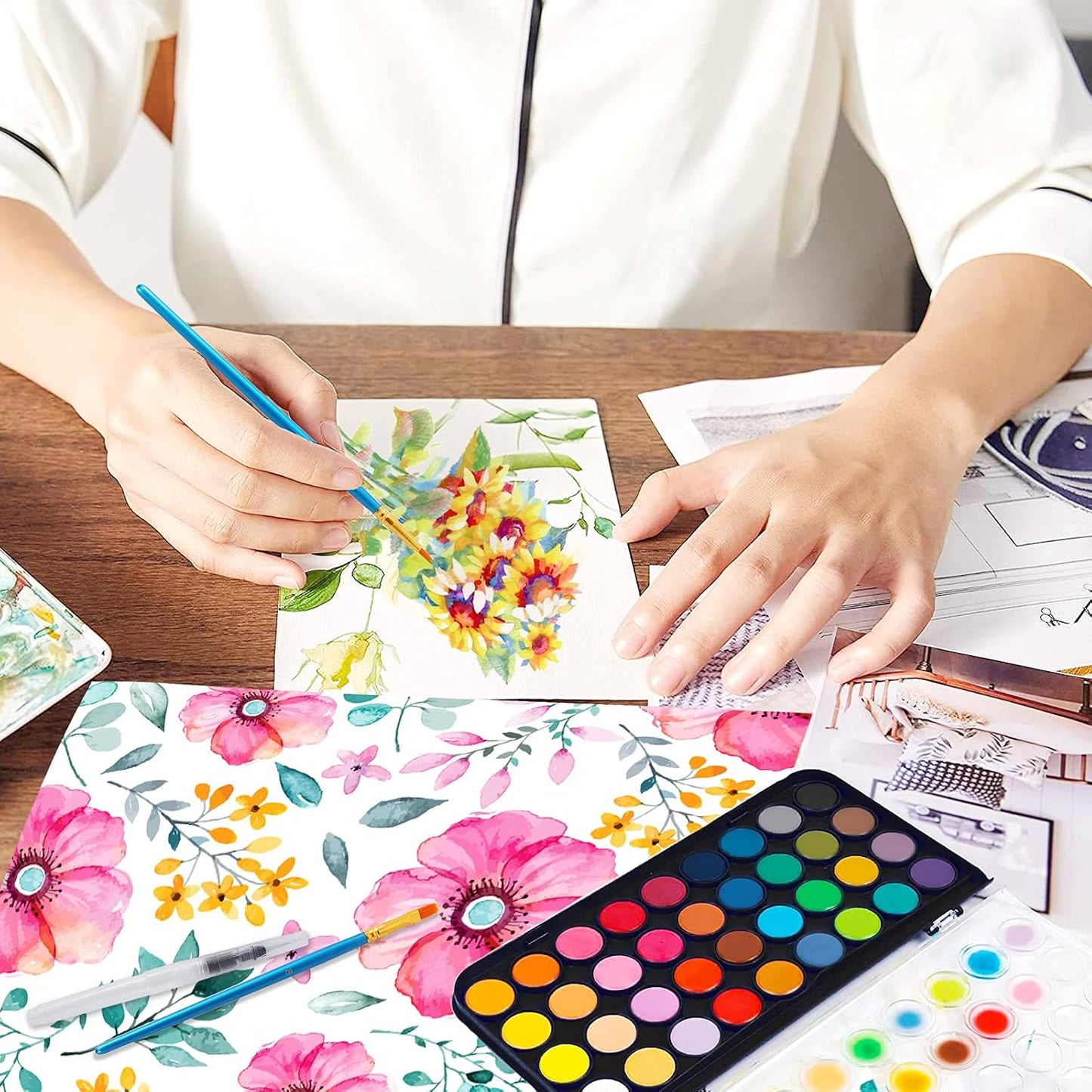 48 Colors Washable Watercolor Paint Set, with 3 Brushes Pen