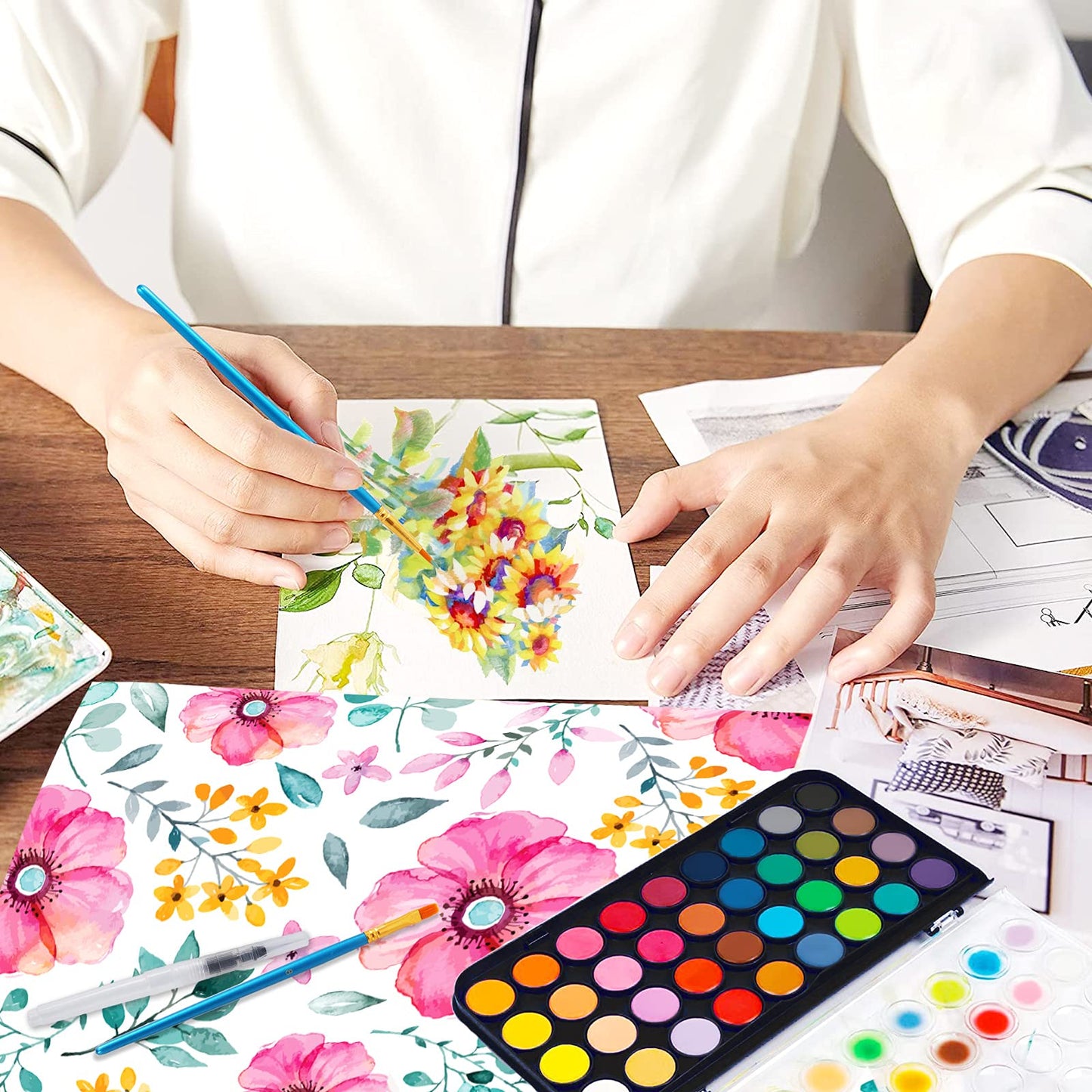 48 Colors Washable Watercolor Paint Set, with 3 Brushes Pen