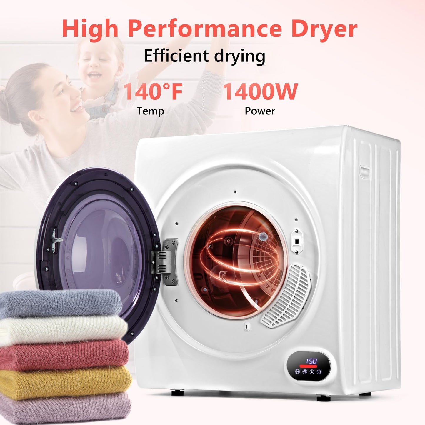 Euhomy Portable Clothes Dryer for Laundry, 1.5 Cu. Ft. Small Portable Dryers for Clothes, 120V Electric Dryer with Stainless Steel Drum, 850W Dryer Machine for Apartments, White