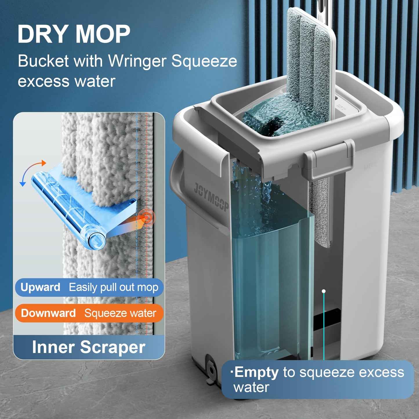 JOYMOOP Wall Mop and Bucket Set, Hands-Free Flat Floor Mop with 3 Washable Microfiber Pads, Wet and Dry Use, Ideal for Home and Commercial Floor Cleaning