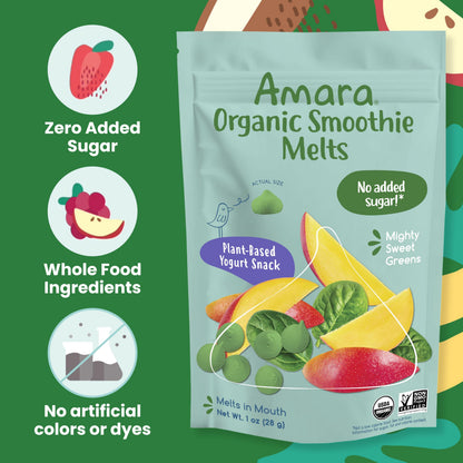 Amara Smoothie Melts - Mango Carrot - Organic Baby Snacks w/ Fruits & Veggies - Plant Based Yogurt Melts - Healthy Toddler Snack - Activity Book Included - Enjoy From 10+ Mos - 6 Resealable Bags