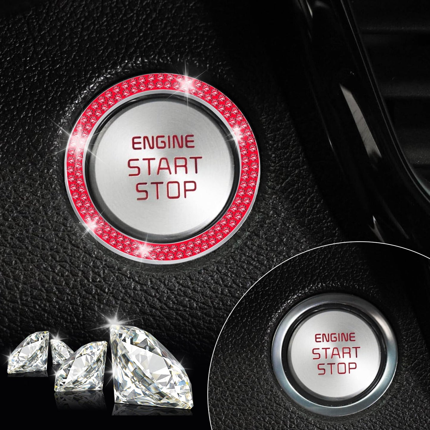 LivTee 2 PCS Crystal Double Rhinestone Car Engine Start Stop Decoration Ring, Bling Car Interior Accessories for Women, Push to Start Button Cover Sticker, Automotive Decals, Light Green