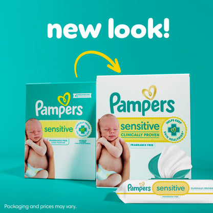 Pampers Sensitive Baby Wipes, Clinically Proven, Fragrance Free, Unscented, Water Based, Hypoallergenic, Multi-Use, Hand Wipes 1008 Wipes Total (18X Flip-Top Packs) [Packaging May Vary]