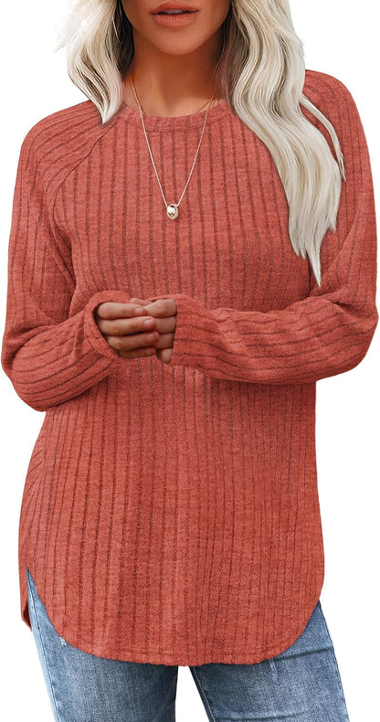 Saloogoe Long Sleeve Shirts for Women 2026 Fall Clothes Tunic Tops Loose Fit Dressy Crewneck Pullover Sweaters Curved Hem