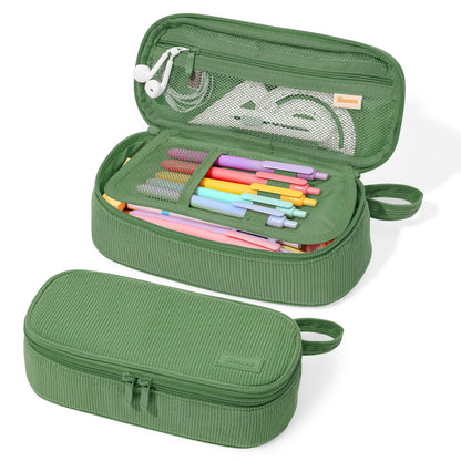 SUNEE Cute Pencil Case, Soft Corduroy Large Capacity Pencil Pouch, Aesthetic Zipper Pencil Bag, Big Storage Pen Organizer for Stationery, Pencil Box Back to School Supplies for Teen Girls Boys, Beige
