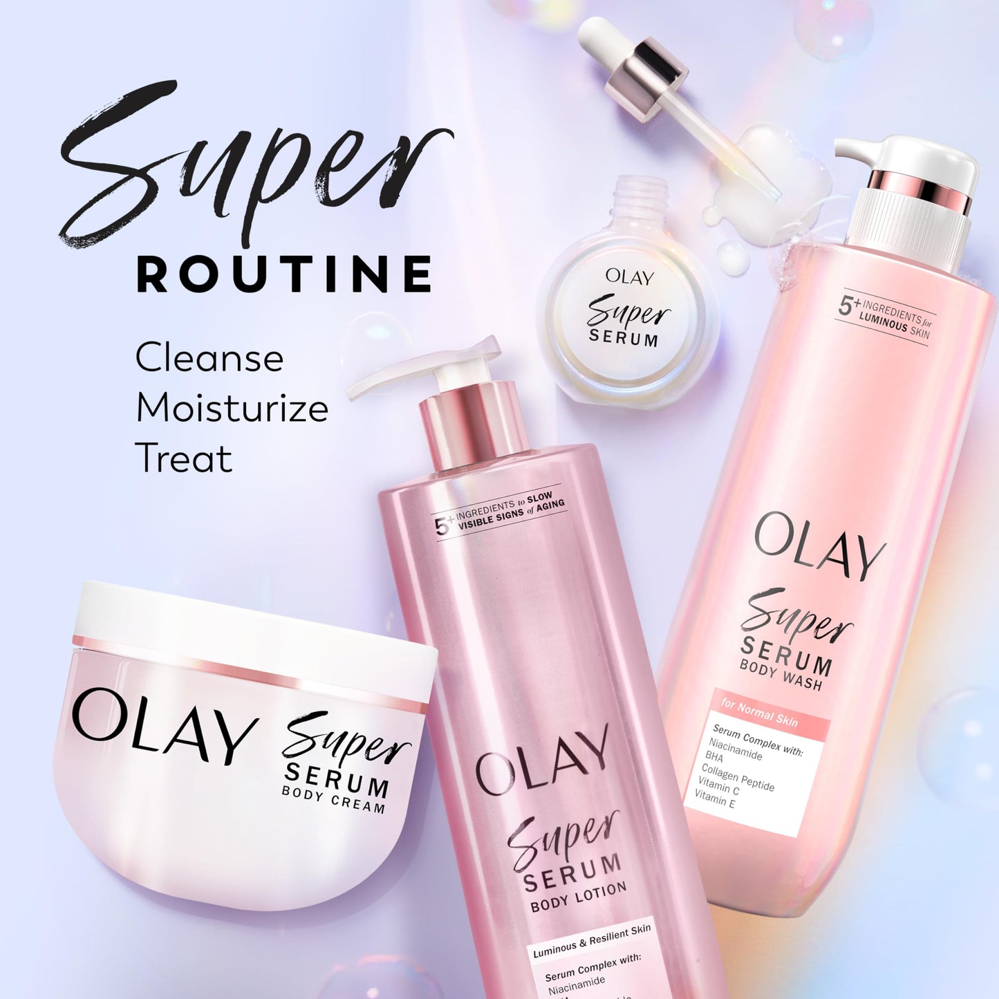Olay Super Serum Body Wash for Extra Dry Skin, 24hr Long Lasting Rich Hydration, 5+ Ingredient Complex for Bright, Even, Firm, & Luminous Skin, with Collagen Peptide, Vitamin C & Shea Butter, 20 fl oz