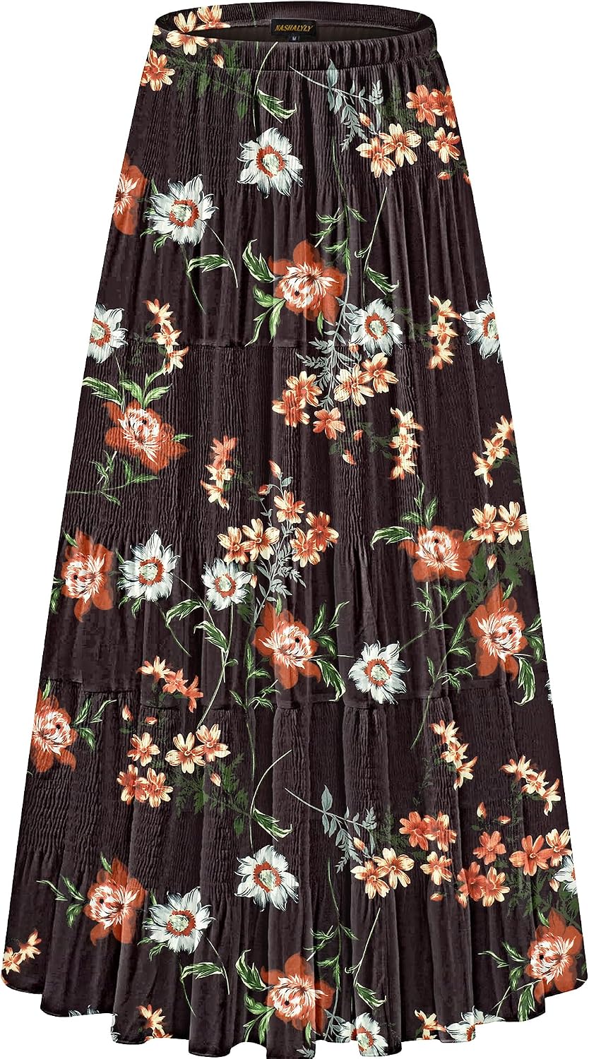 NASHALYLY Women's Chiffon Elastic High Waist Pleated A-Line Maxi Skirts