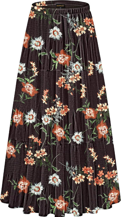 NASHALYLY Women's Chiffon Elastic High Waist Pleated A-Line Maxi Skirts