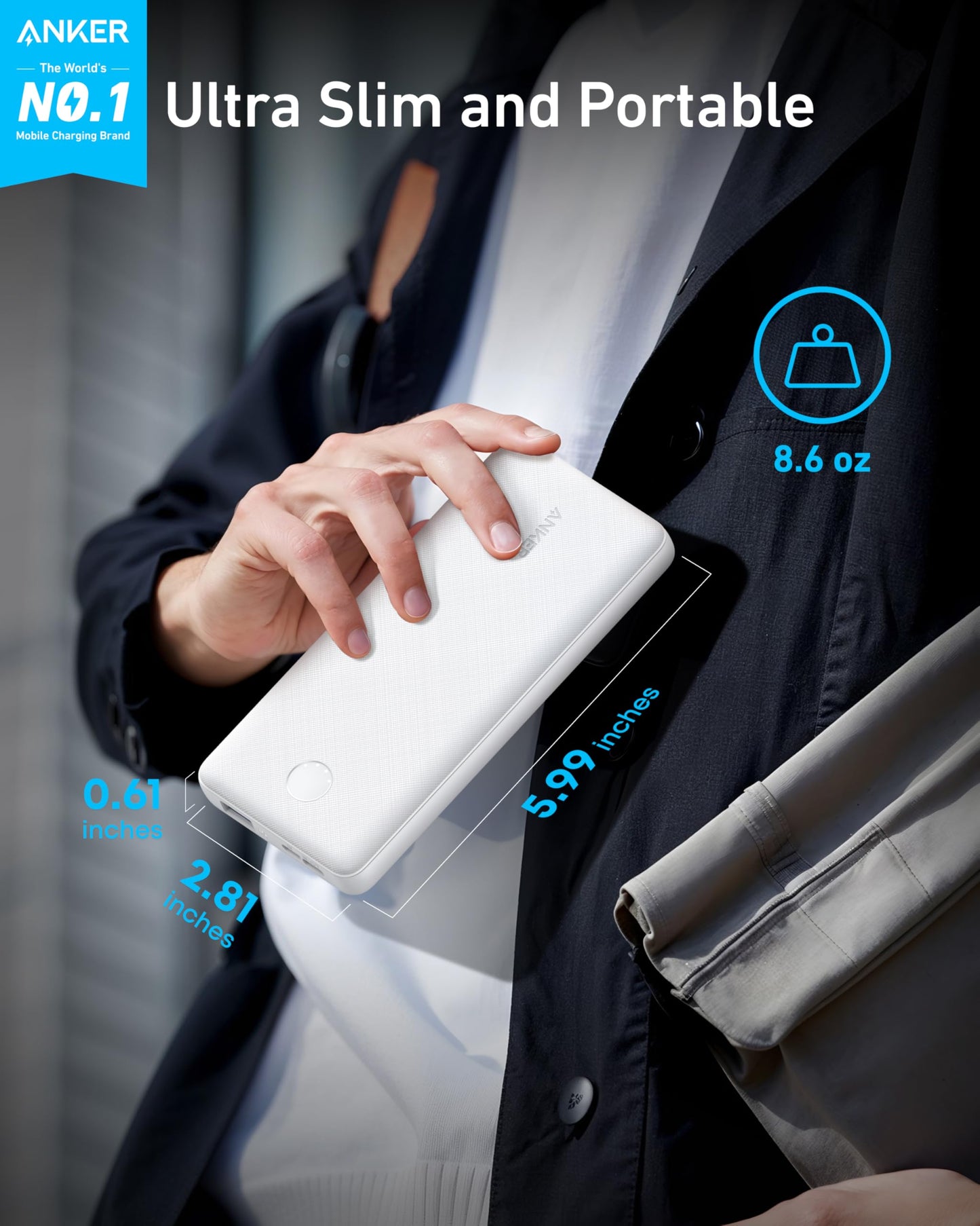 Anker Power Bank, 10,000mAh Portable Charger, PowerIQ USB-C Battery Pack