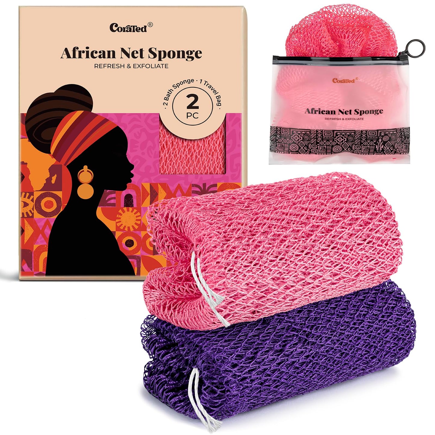 CORATED African Net Sponge with Knots Authentic, Shower Loofah Bath Sponge