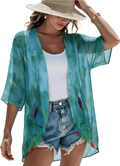 CHICGAL Womens Floral Kimono Cardigan Beach Cover Up Casual Summer Tops