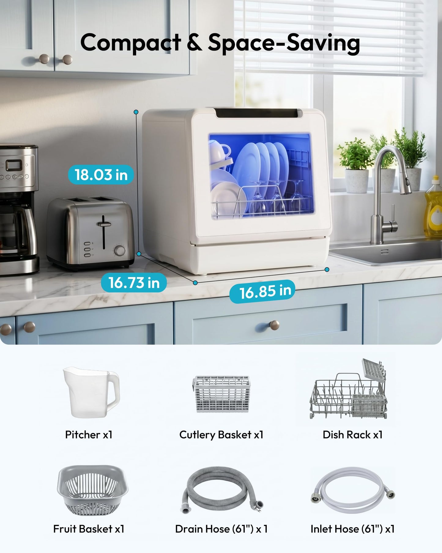 EUHOMY Countertop Dishwasher Portable, 8 Programs with 5L Tank, Black, 40dB