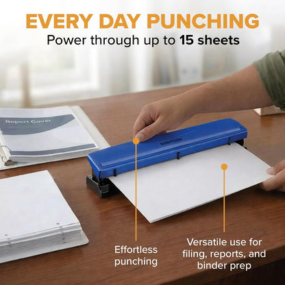 Bostitch Office Premium 3 Hole Punch, 12 Sheet Capacity, Metal, Rubber Base, Easy-Clean Tray, Silver