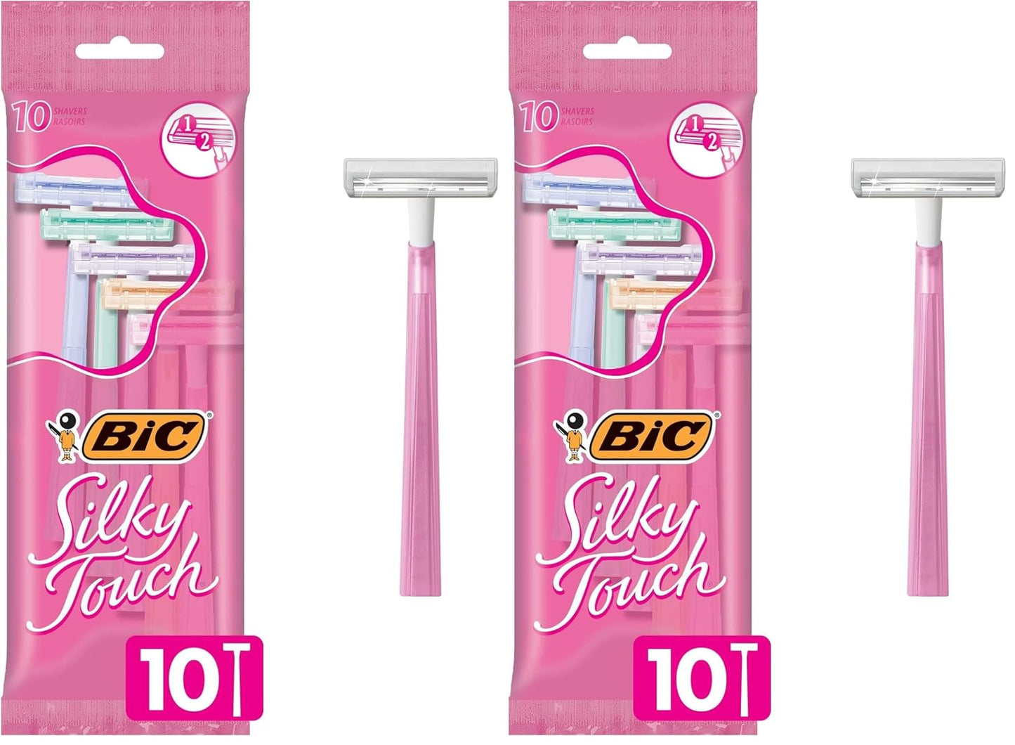 BIC Silky Touch Women's Disposable Razors, With 2 Blades, Pretty Pastel Razor Handles, 10 Count Pack of Shaving Razors