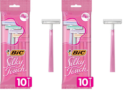 BIC Silky Touch Women's Disposable Razors, With 2 Blades, Pretty Pastel Razor Handles, 10 Count Pack of Shaving Razors