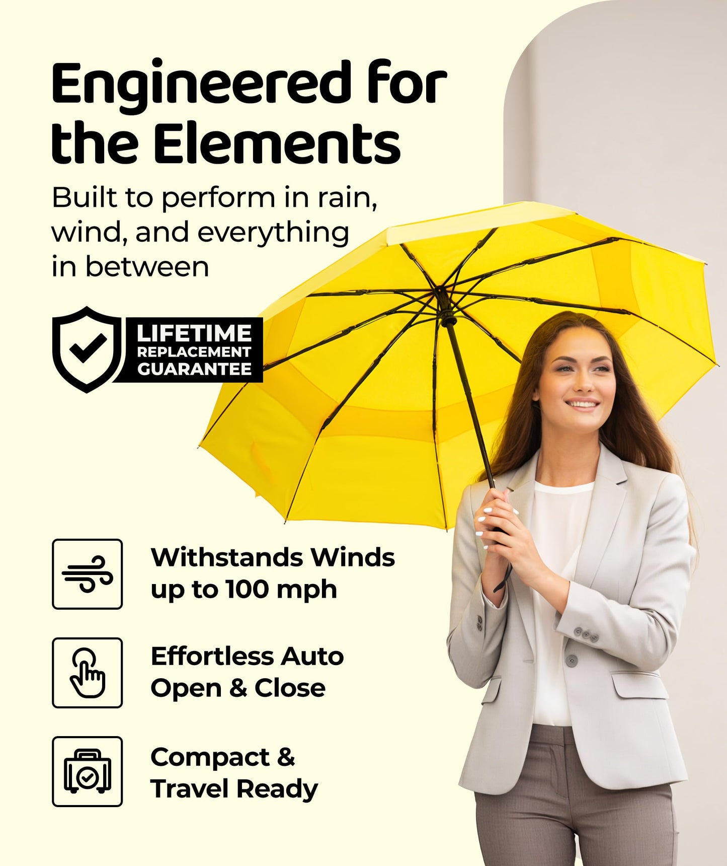 Windproof Travel Umbrella - Compact & Withstands Winds up to 100MPH, Strongest Premium Auto Folding Umbrella for Rain and Sun - Durable, Light & Portable for Women & Men, Fits Backpack & Cars