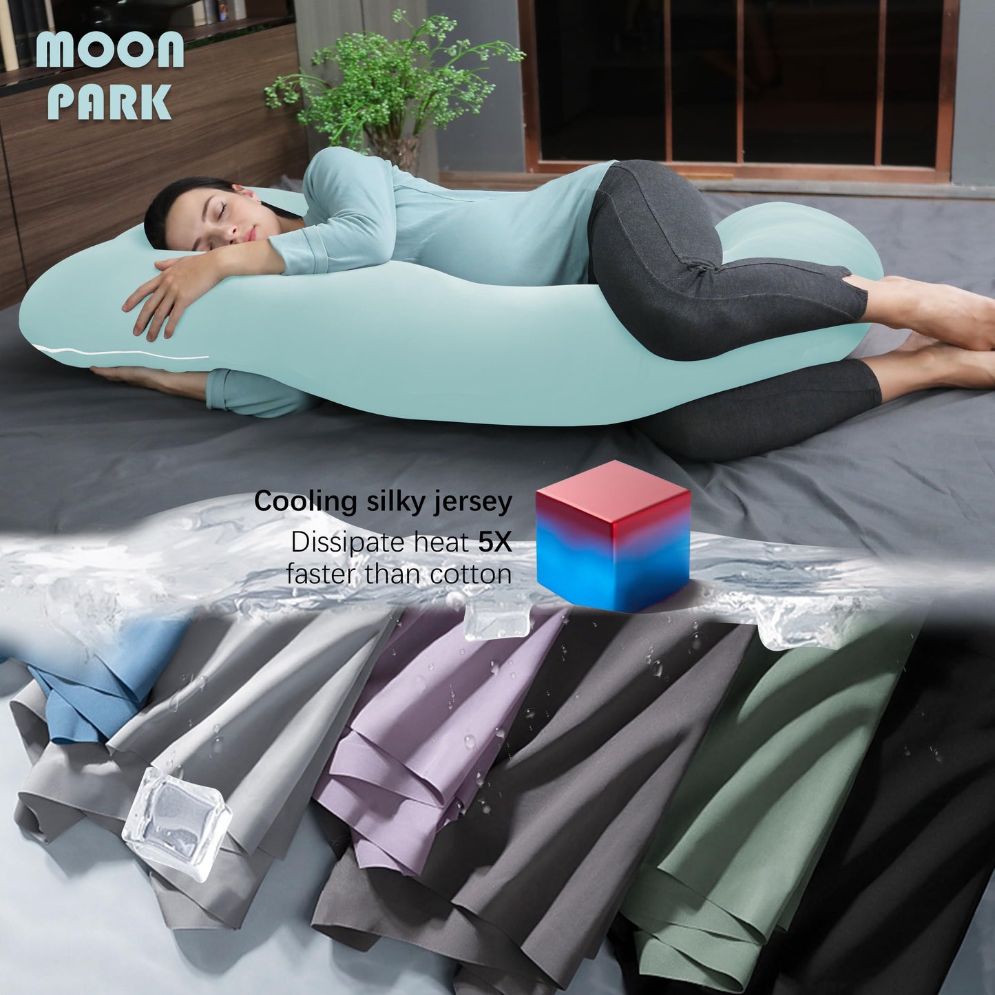 MOON PARK Pregnancy Pillows for Sleeping - U Shaped Full Body Maternity Pillow with Removable Cover - Support for Back, Legs, Belly, HIPS - 65 Inch - Aquamarine