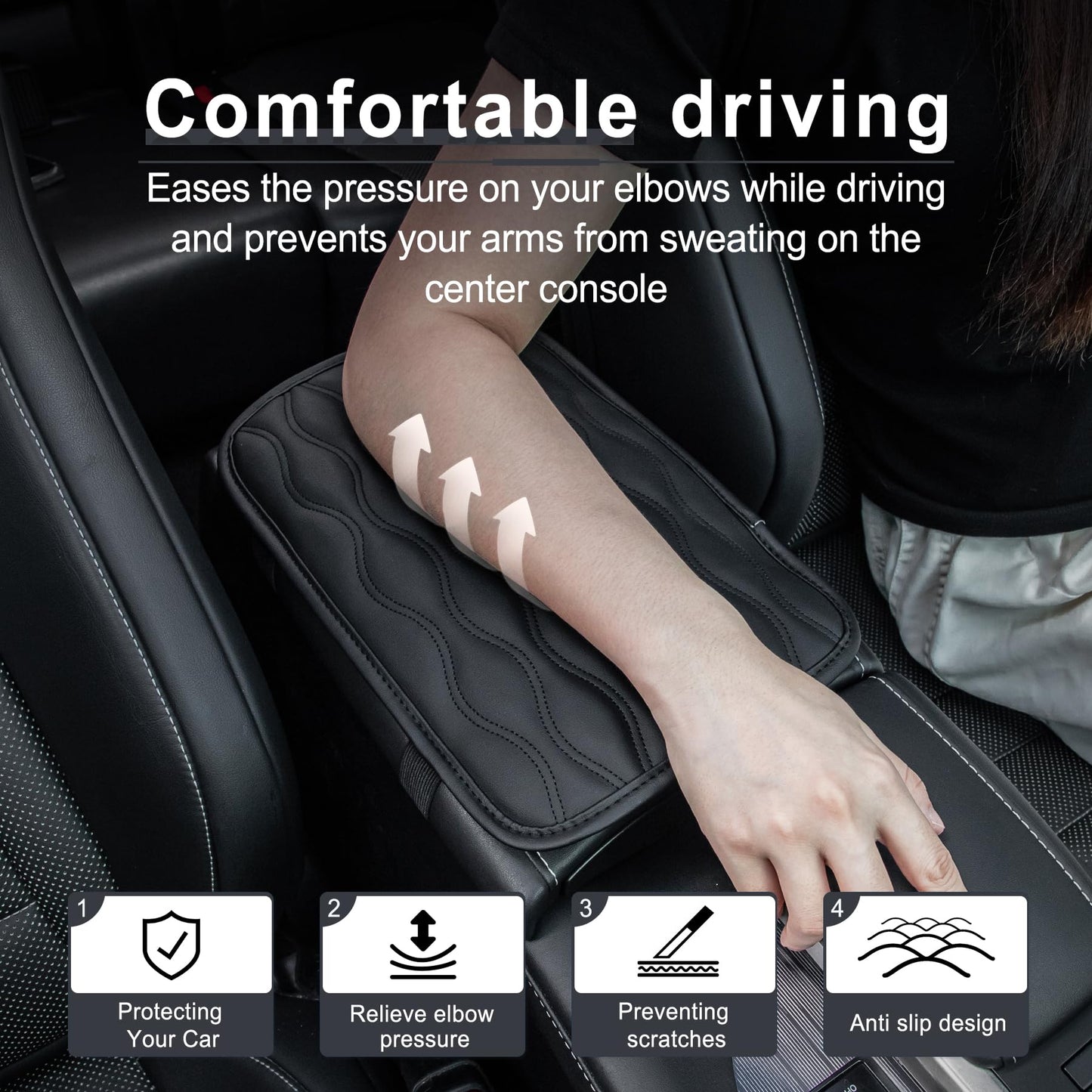Amiss Car Center Console Cover, Upgraded Leather Car Armrest Cushion with 2 Storage Pockets, Universal Waterproof Cushion Pad, Non-Slip Car Interior Accessories, Fits Most Sedans SUVs Trucks (Black)
