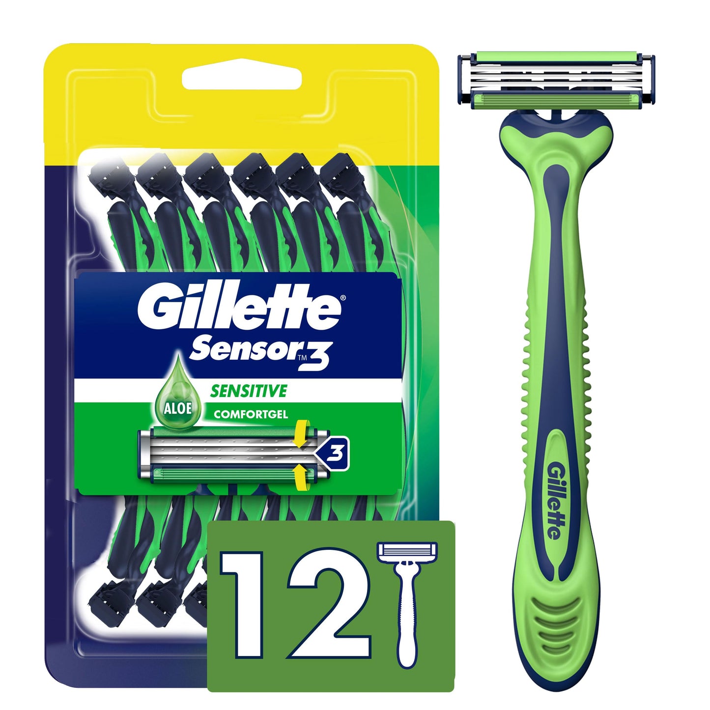Gillette Sensor3 Sensitive Men's Disposable Razor, 1 Razor - Case of 36