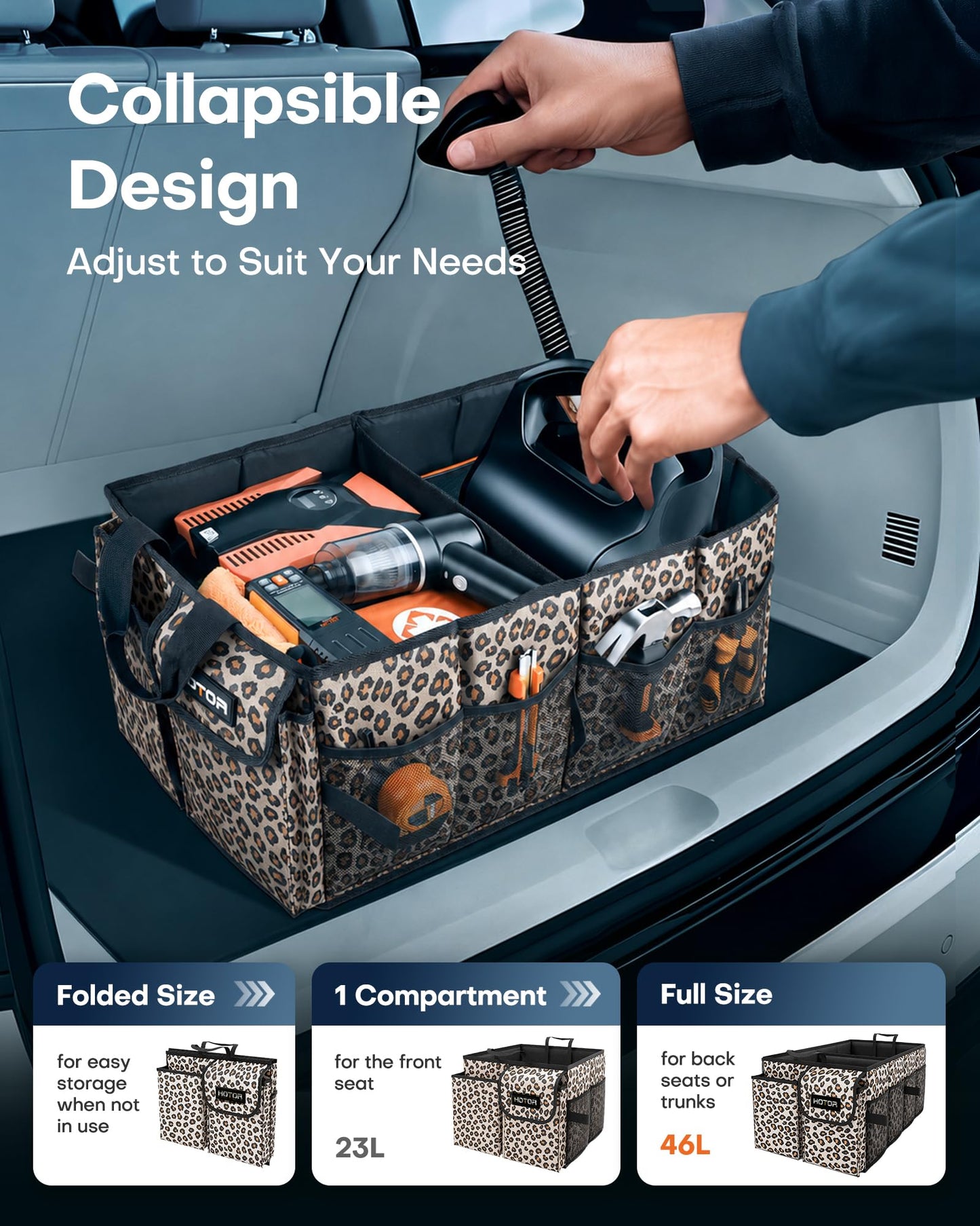 HOTOR Trunk Organizer - Foldable Car Organizer for SUVs & Sedans Storage