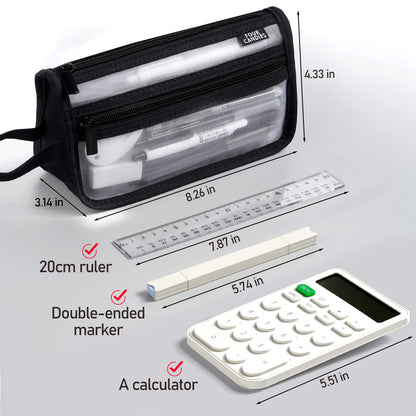 Four Candies Grid Mesh Pencil Case, Clear Double-layer with Handle (Purple)