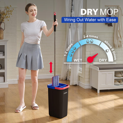 JOYMOOP Wall Mop and Bucket Set, Hands-Free Flat Floor Mop with 3 Washable Microfiber Pads, Wet and Dry Use, Ideal for Home and Commercial Floor Cleaning