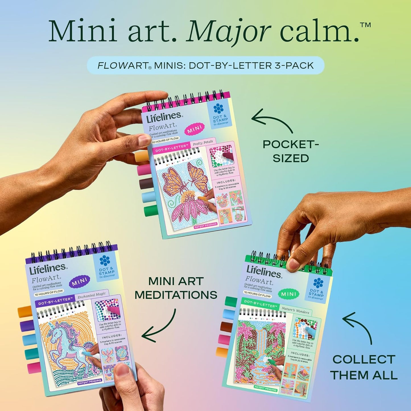 Lifelines FlowArt Mini Activity Pads, 3-Pack, Dot-by-Letter Coloring Books