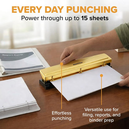 Bostitch Office Premium 3 Hole Punch, 12 Sheet Capacity, Metal, Rubber Base, Easy-Clean Tray, Silver