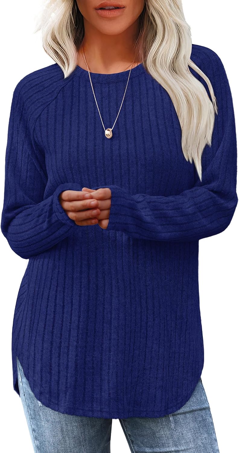 Saloogoe Long Sleeve Shirts for Women 2026 Fall Clothes Tunic Tops Loose Fit Dressy Crewneck Pullover Sweaters Curved Hem
