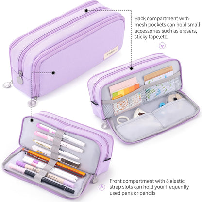 CICIMELON Large Capacity Pencil Case 3 Compartment Pouch Pen Bag for School Teen Girl Boy Men Women (Pink)