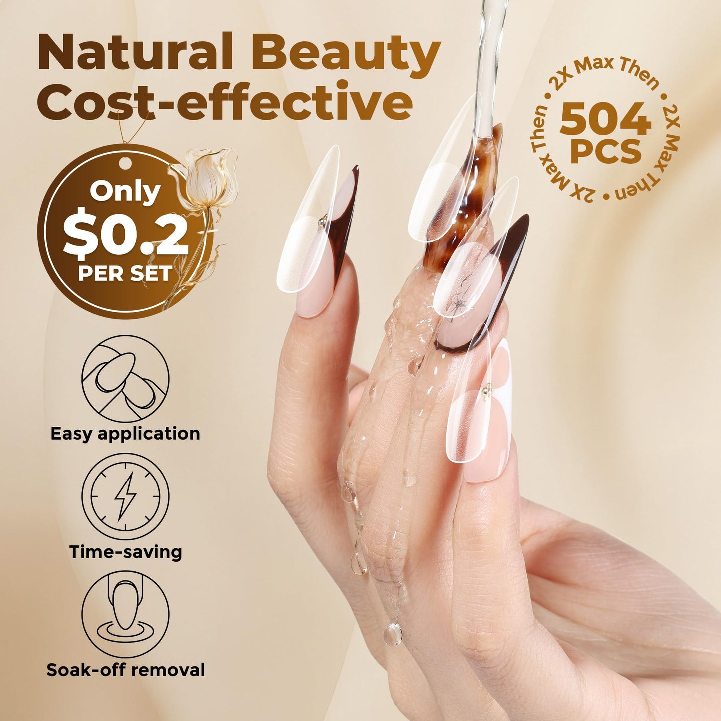 UNA GELLA 504Pcs Medium Pointed Almond Nail Tips, X-Soft Almond Gel Nails