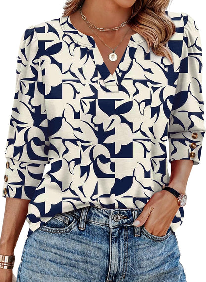 WIHOLL 3/4 Length Sleeve Womens Tops with Button Cuffs Dressy Casual V Neck Summer Outfits Early Fall Fashion Spring Clothes