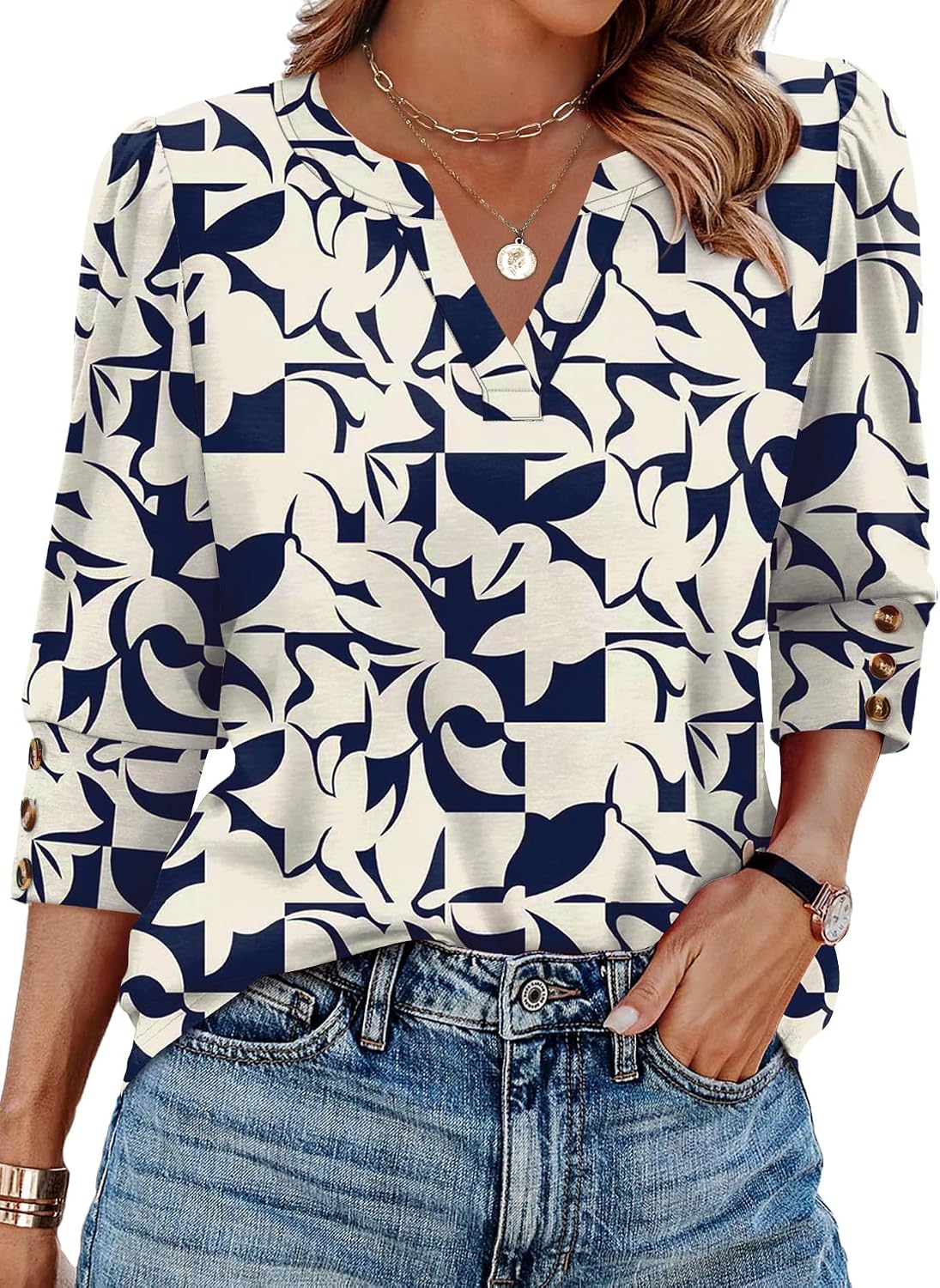 WIHOLL 3/4 Length Sleeve Womens Tops with Button Cuffs Dressy Casual V Neck Summer Outfits Early Fall Fashion Spring Clothes