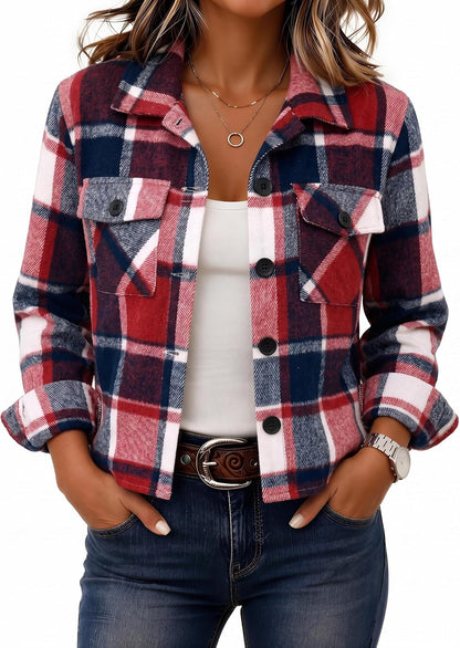 Zeagoo Flannels for Women Cropped Shacket Jacket Fashion Plaid Fall Coat