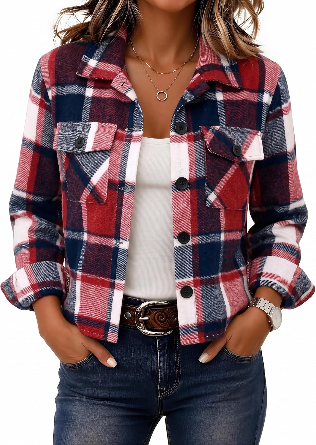 Zeagoo Flannels for Women Cropped Shacket Jacket Fashion Plaid Fall Coat
