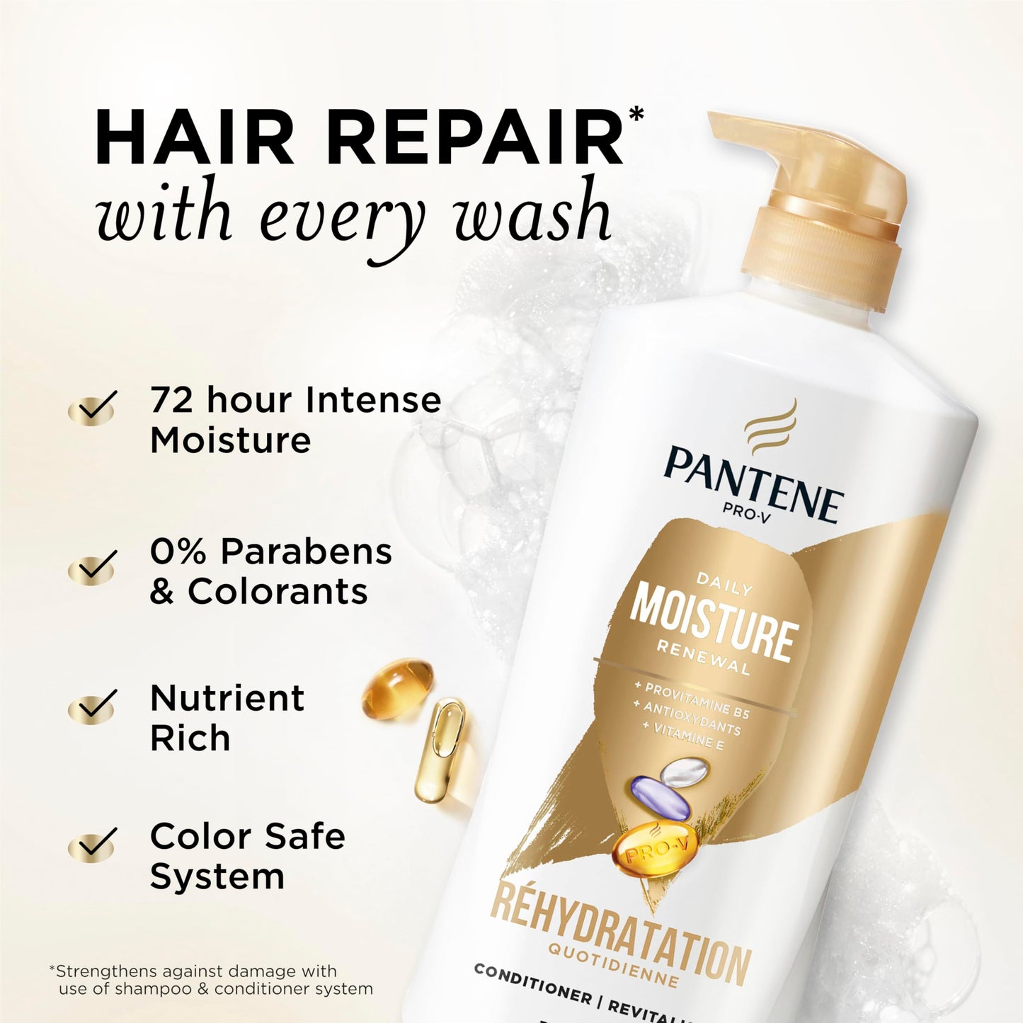 Pantene Shampoo & Conditioner Set, Daily Moisture Renewal - Pro-V Nutrients for Dry, Color-Treated, Straight to Curly Hair, 72-Hour Hydration & Softness, 52.8 Oz Total + Miracle Rescue Shot (0.5 Oz)