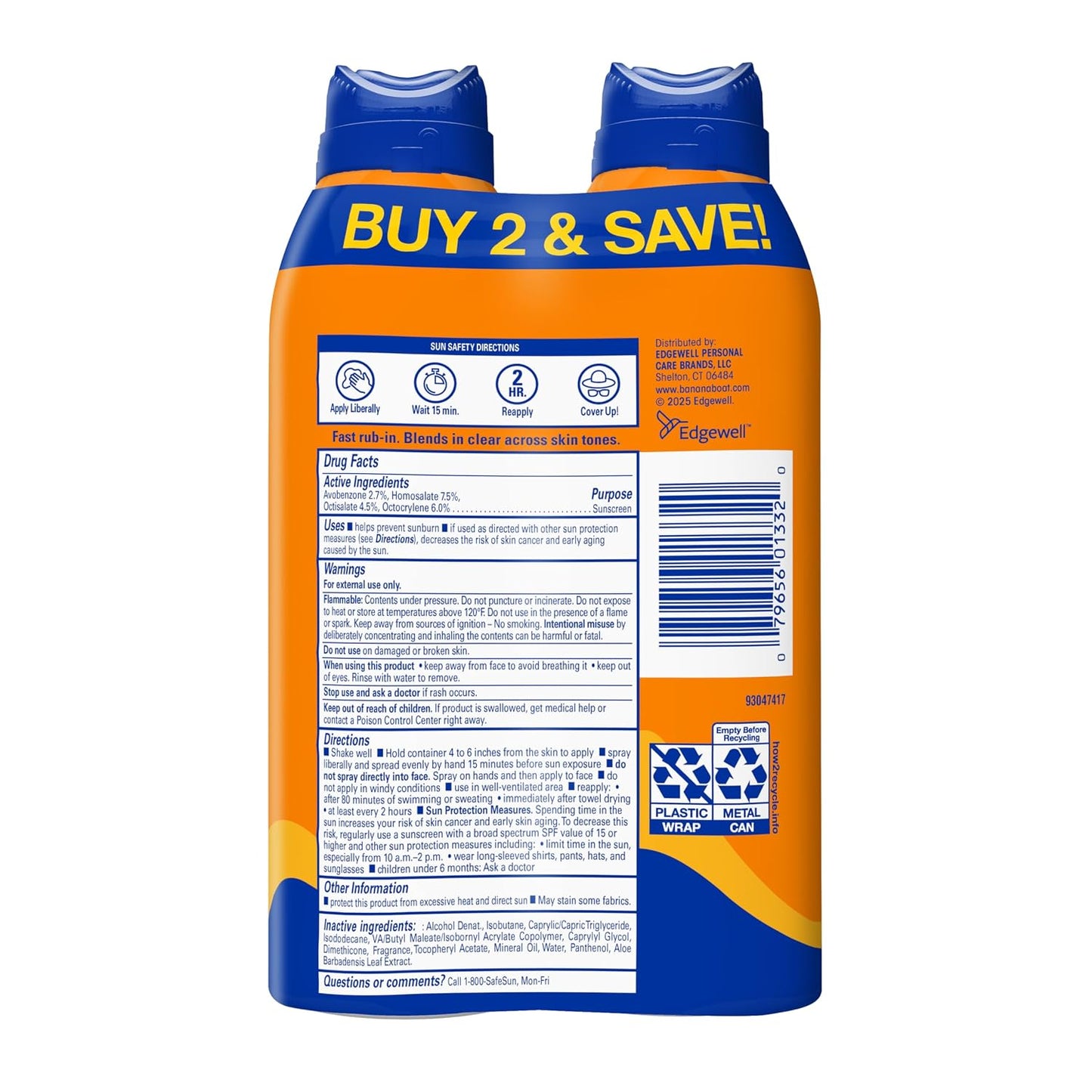 Banana Boat Sport SPF 50 Sunscreen Spray, 6 oz (2 Pack)
