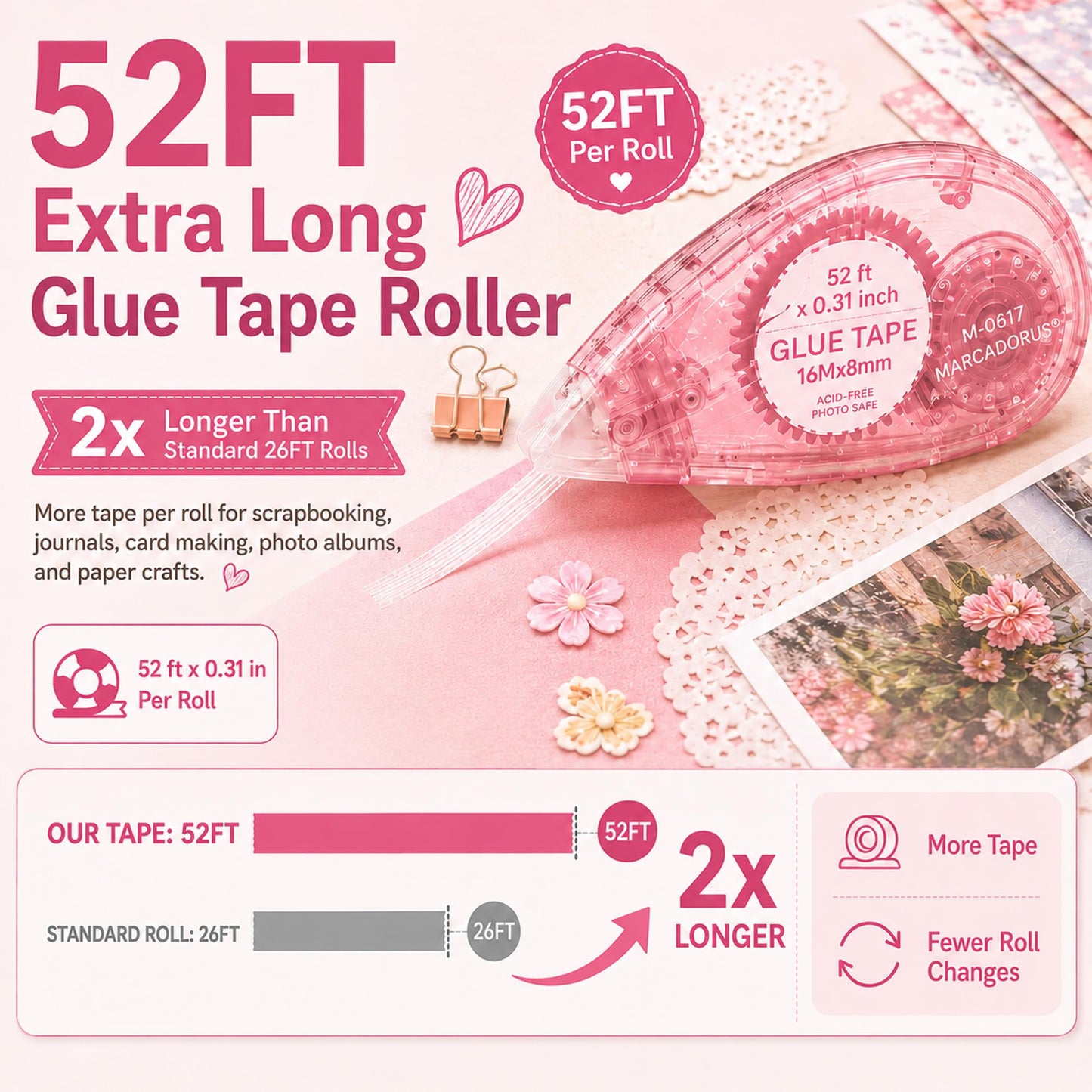 MARCADORUS Glue Tape for Scrapbooking, Double Sided Tape Roller 106Ft Total
