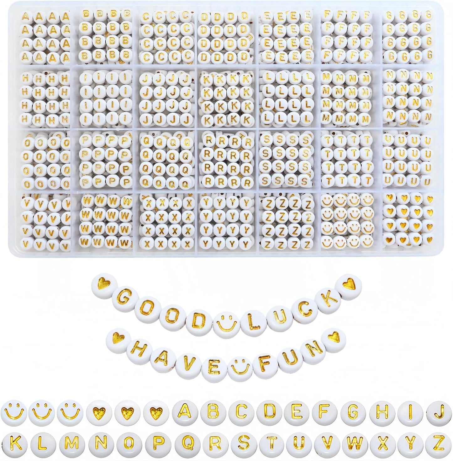 Looconi 810pcs Gold Letter Beads Square 6x6mm White Cube Acrylic Alphabet A-Z with Heart Pattern and Crystal Line for Jewelry Making